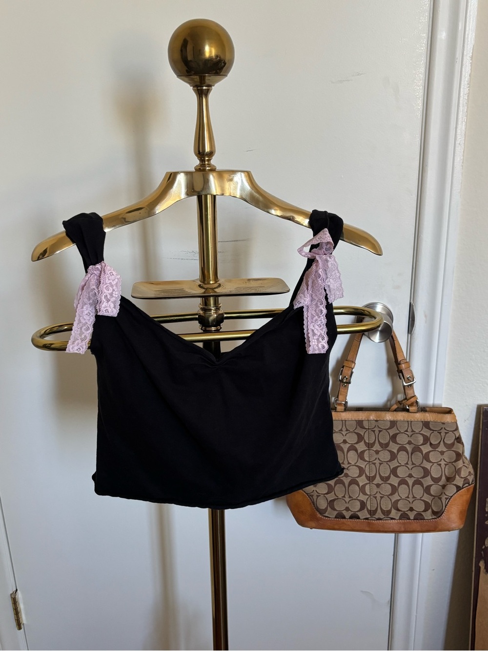 SHEIN Black Cropped Tank with Pink Lace Tie Straps